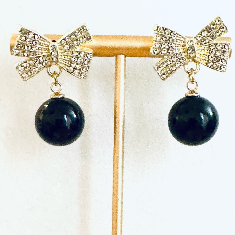 Gold Rhinestone Bow and Black Pearl Earrings